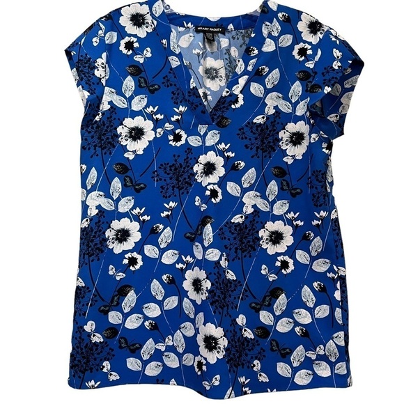 Hilary Radley Small Blue Floral Short Sleeve V Neck Career Blouse Top R - Picture 1 of 4